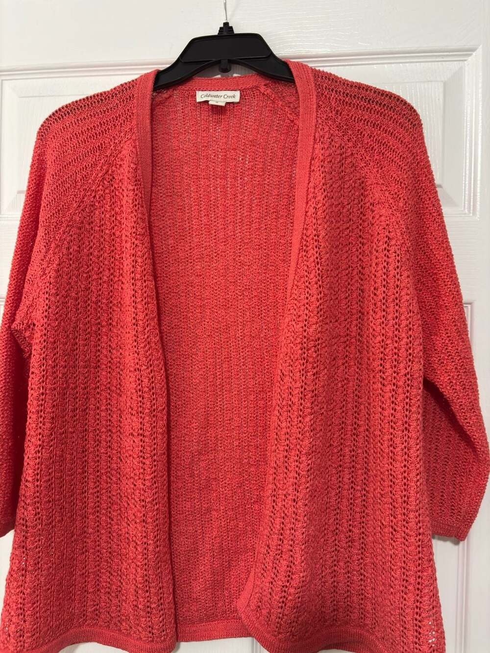 Coldwater Creek Open-Front Crochet Knit Cardigan in Coral - Picture 1 of 5